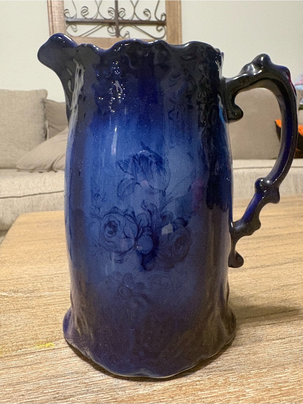 Cobalt Blue Floral Ceramic Pitcher - Staffordshire England